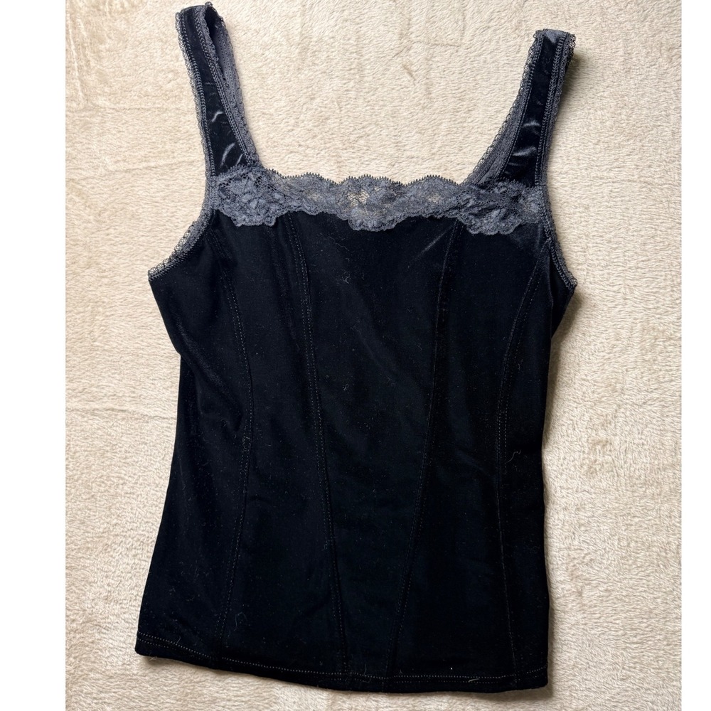 VTG Arianne Black Velvet Lace Trim Cami Top 90s M/M Whimsigoth Coquette y2K